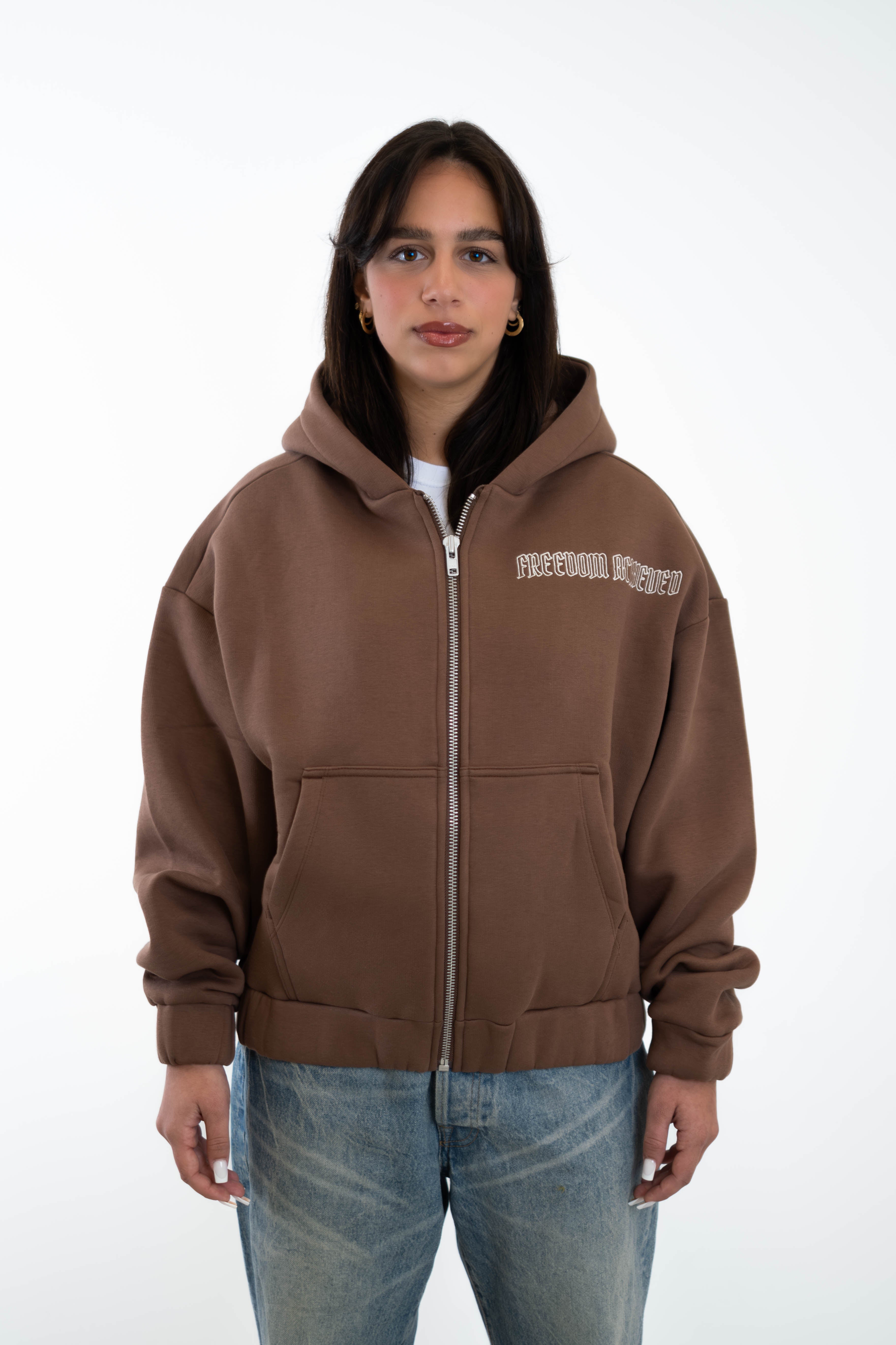 Oversized Cropped Zipper „Freedom" - Brown